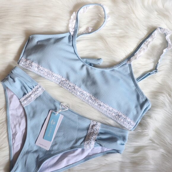 NEW Baby Blue White Lace Bikini Bathing Suit Swim Set Size Large - Picture 4 of 10
